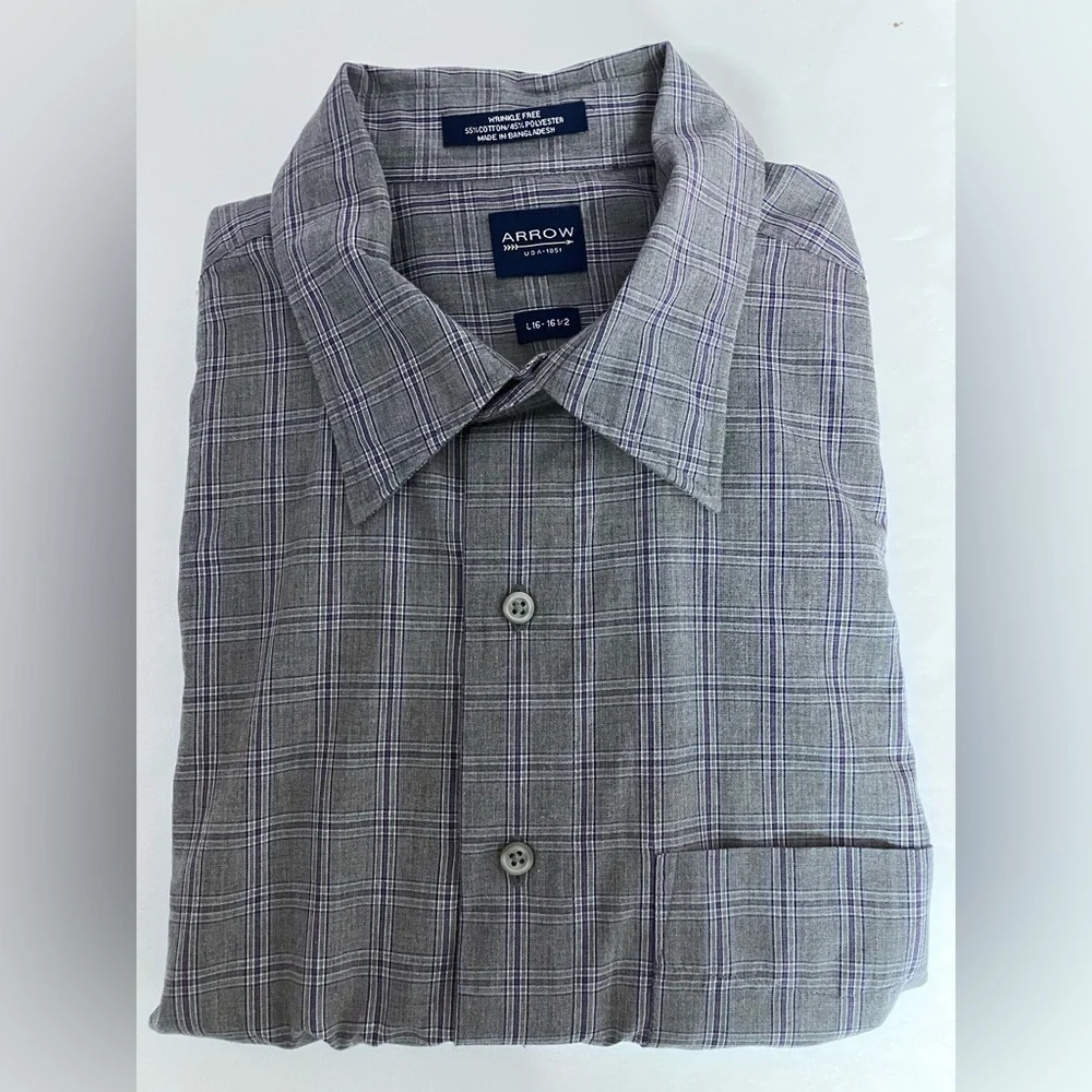 Wrinkle Free Long Sleeve Men’s Dress Shirt, L 16-16 1/2, Gray Plaid, by Arrow